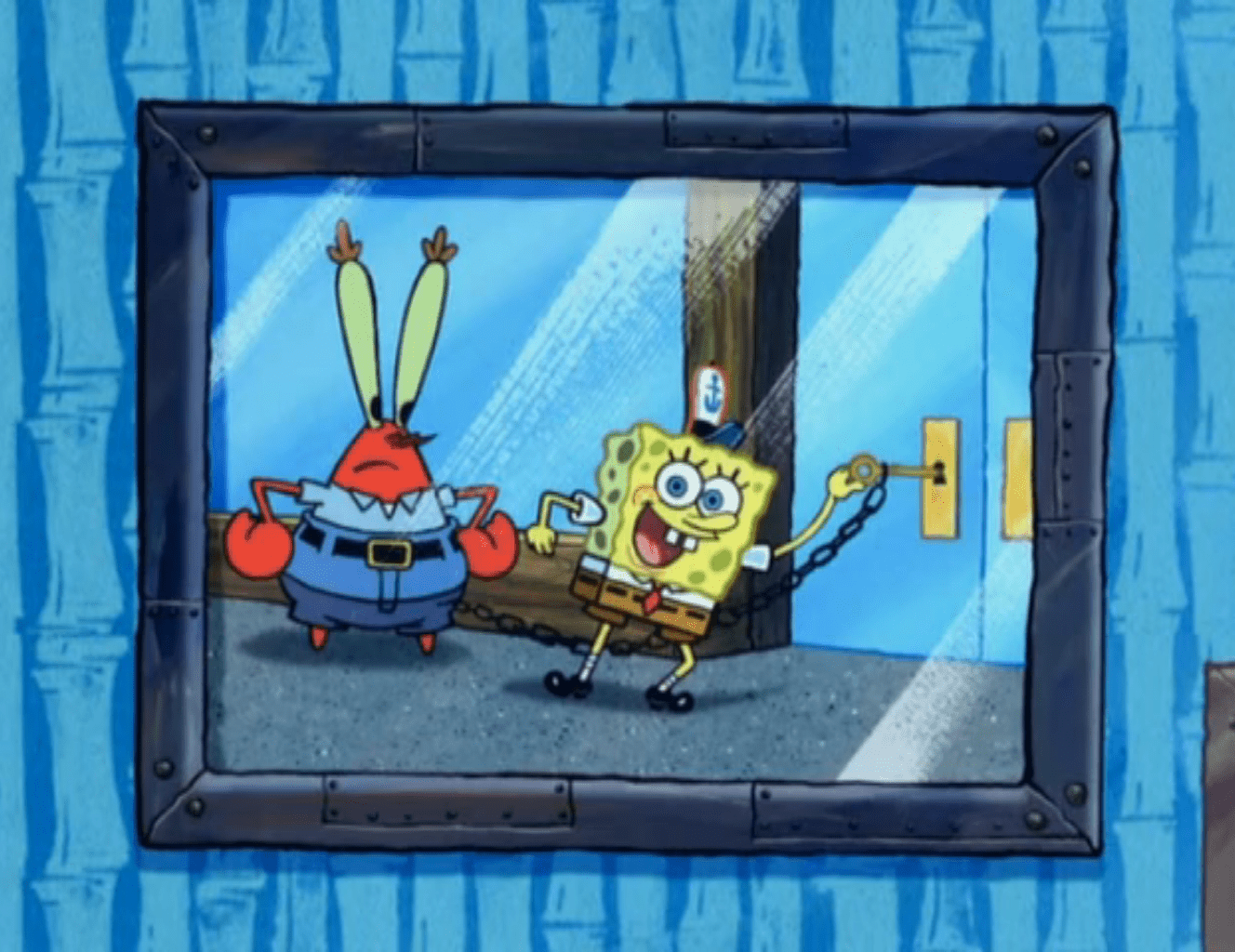 spongebob shows his work photos