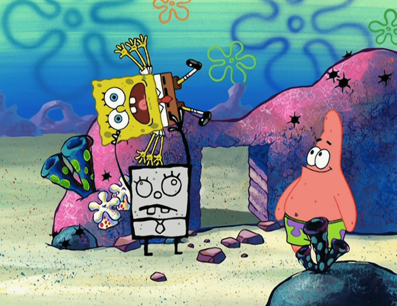 doodlebob is going to throw spongebob away