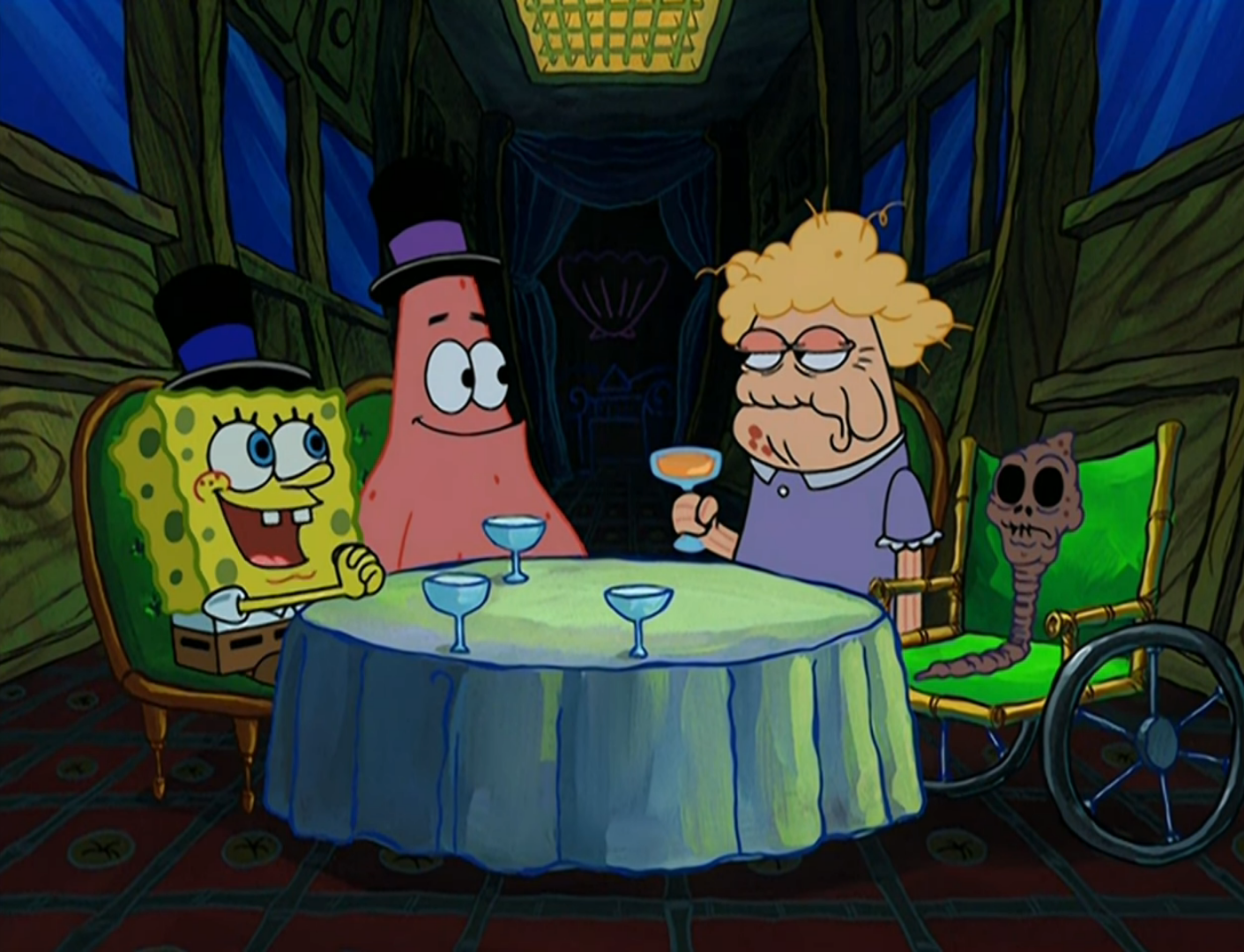 spongebob, patrick, mary and chocolate lady