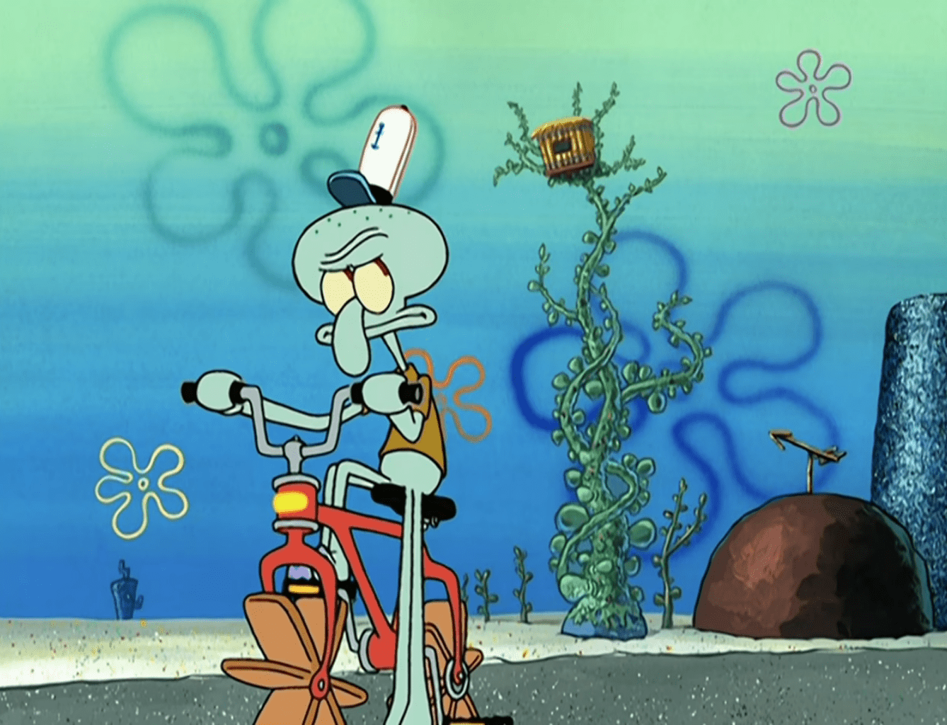 squidward drives bike