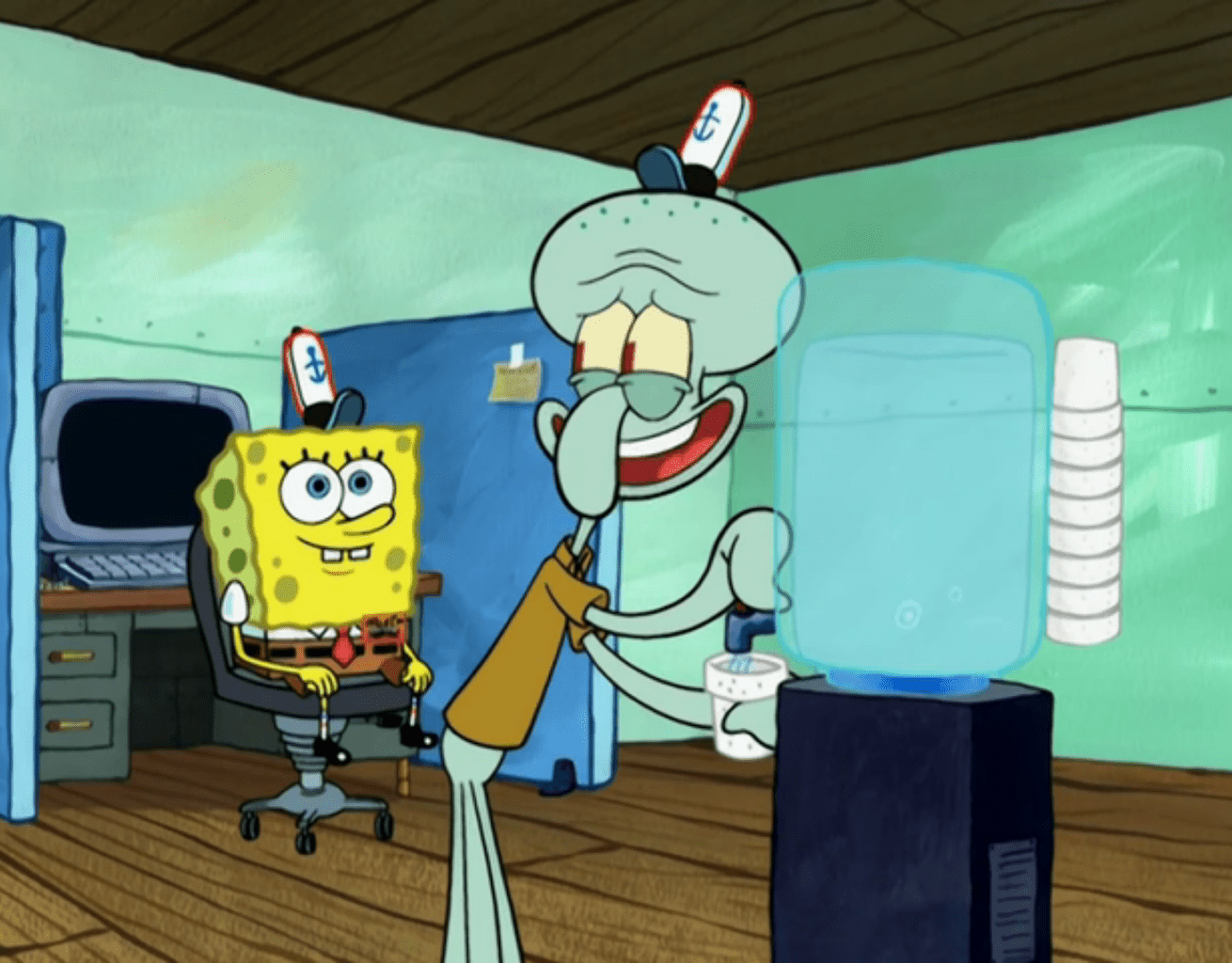 Squidward mentions he loves the normal SpongeBob