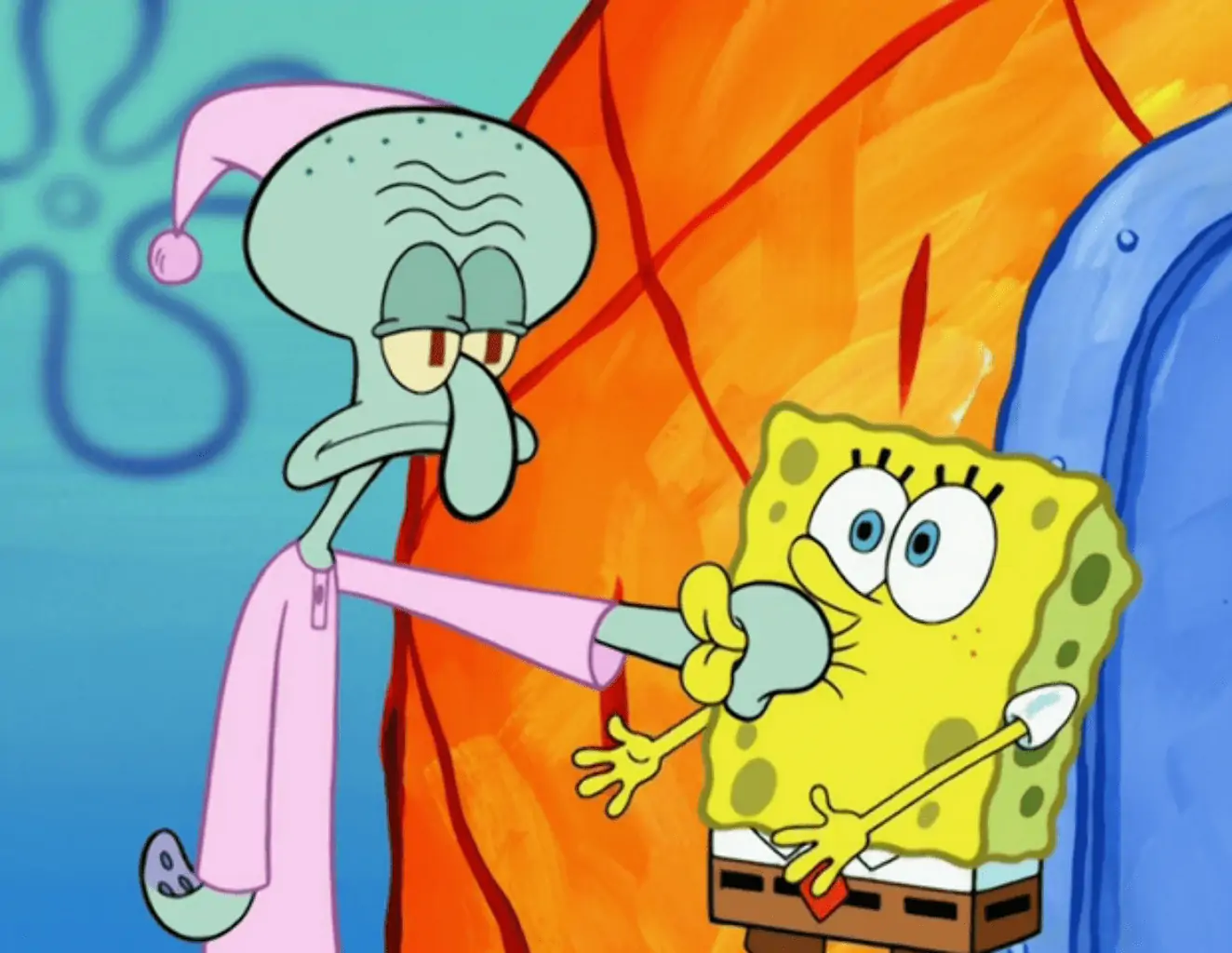 squidward grabs spongebob by the mouth