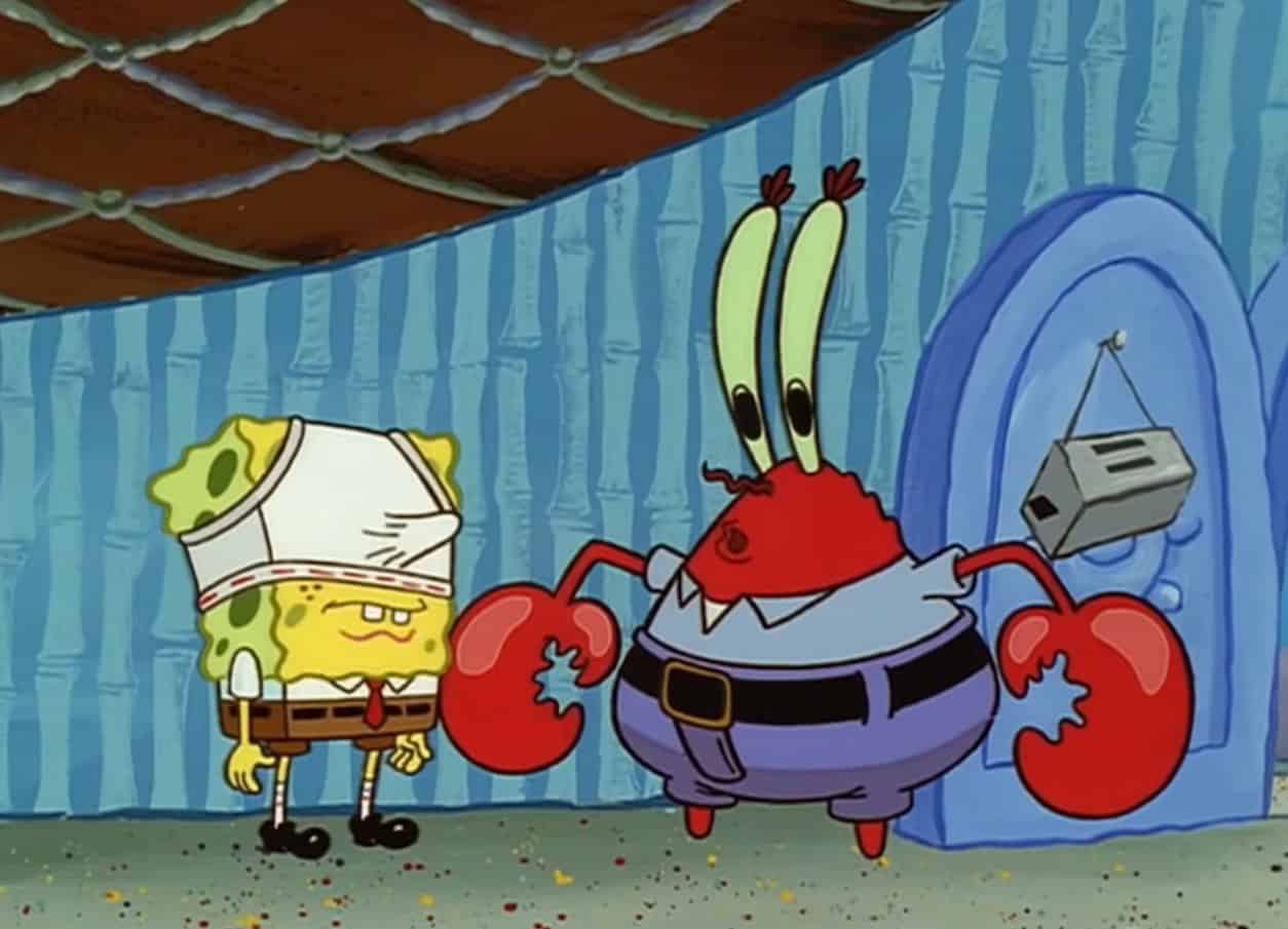 Mr. Krabs and SpongeBob are having a serious conversation in the Pineapple House.